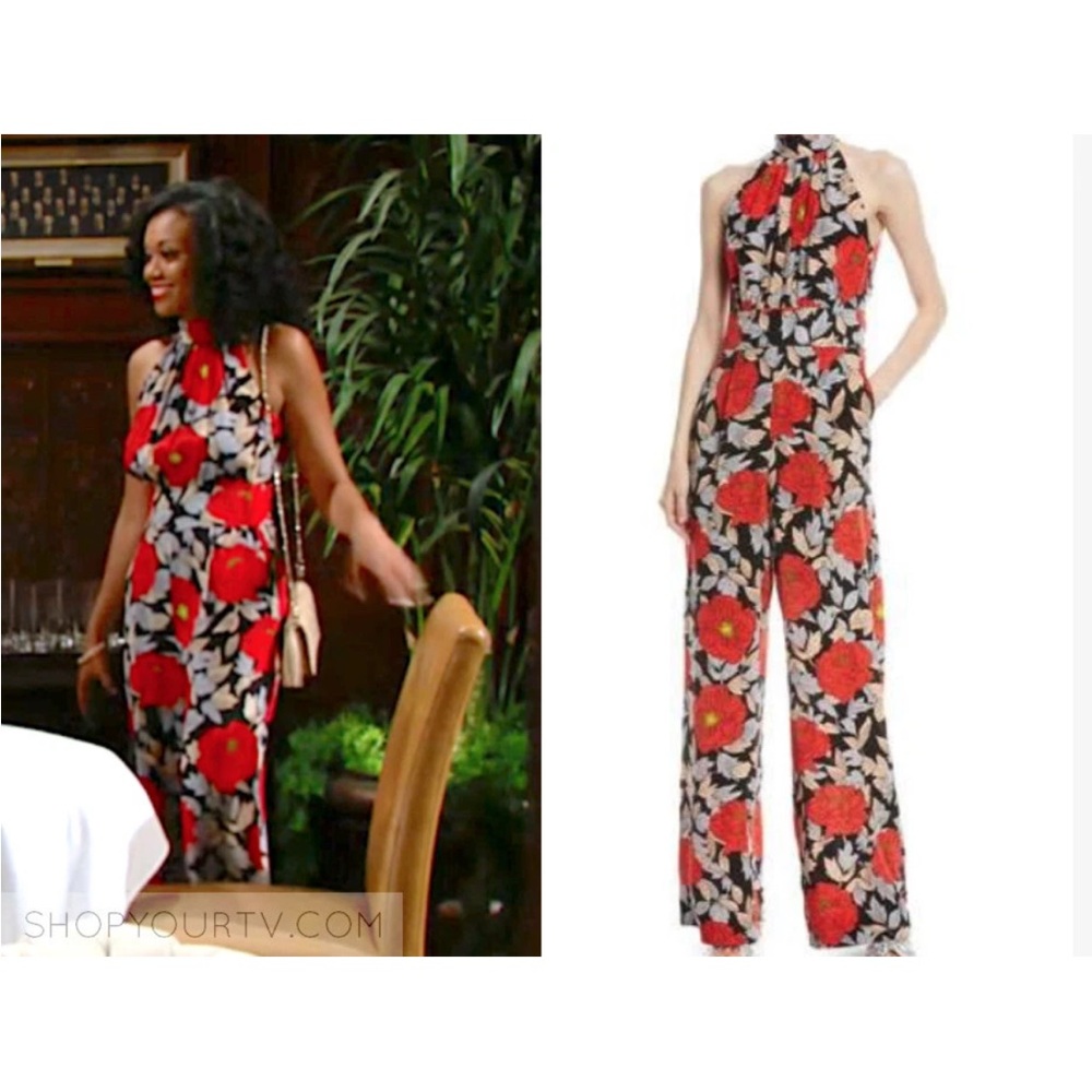 DVF 100% Silk High Neck Halter Jumpsuit in Boswell Black - Picture 2 of 11